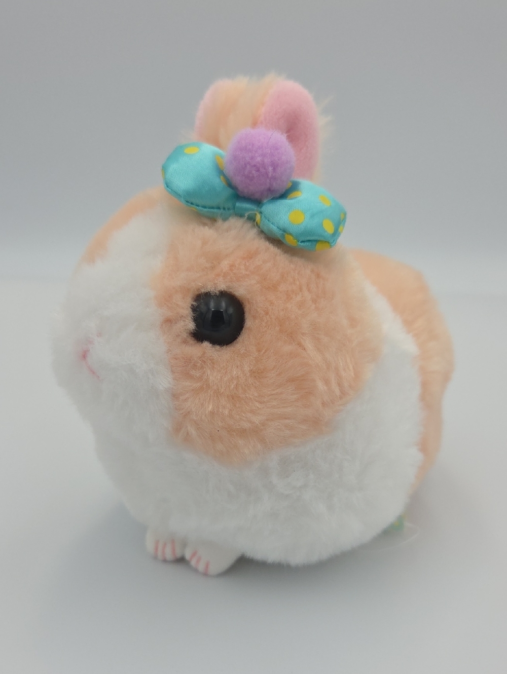 Amuse Peach White Plush Toy Bunny Rabbit Teal Bow with Purple Pom 5"
